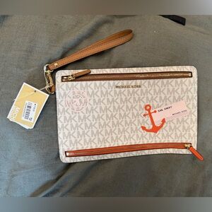 Michael Kors Cream and Brown Wristlet with Orange Anchor
